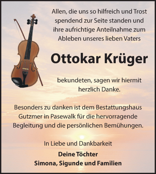 Traueranzeige von Ottokar Krüger von Nordkurier Pasewalker Zeitung