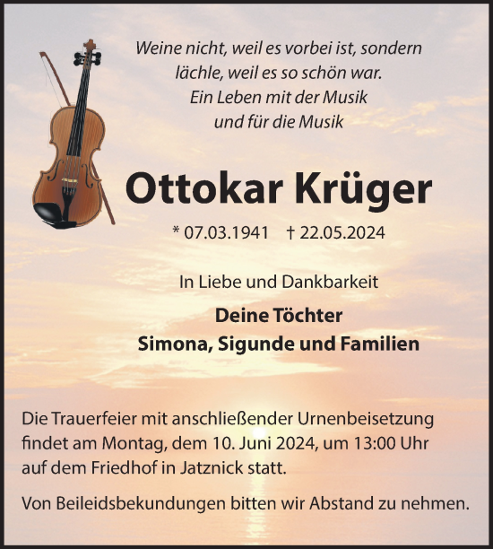 Traueranzeige von Ottokar Krüger von Nordkurier Pasewalker Zeitung