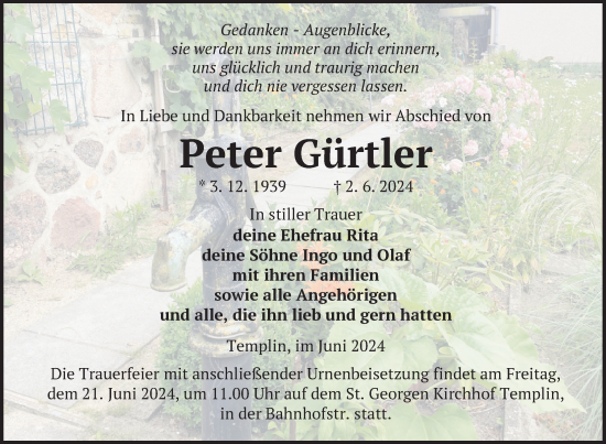 Traueranzeige von Peter Gürtler 