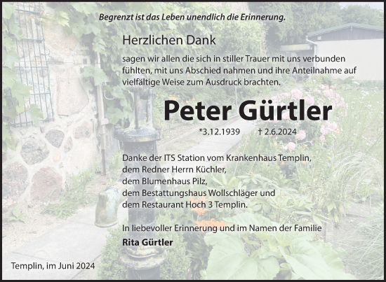 Traueranzeige von Peter Gürtler von Uckermark Kurier Templiner Zeitung