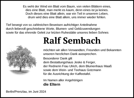 Traueranzeige von Ralf Sembach von Uckermark Kurier Prenzlauer Zeitung