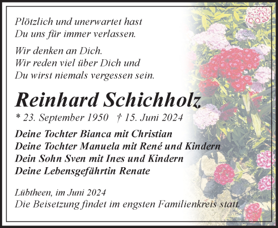 Traueranzeige von Reinhard Schichholz von Hagenower Kreisblatt