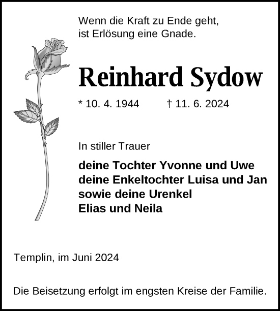 Traueranzeige von Reinhard Sydow von Uckermark Kurier Templiner Zeitung