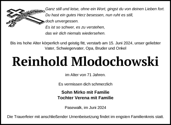 Traueranzeige von Reinhold Mlodochowski von Nordkurier Pasewalker Zeitung