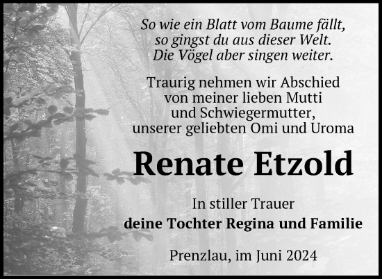 Traueranzeige von Renate Etzold von Uckermark Kurier Prenzlauer Zeitung