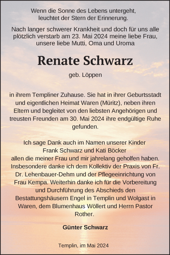 Traueranzeige von Renate Schwarz von Uckermark Kurier Templiner Zeitung