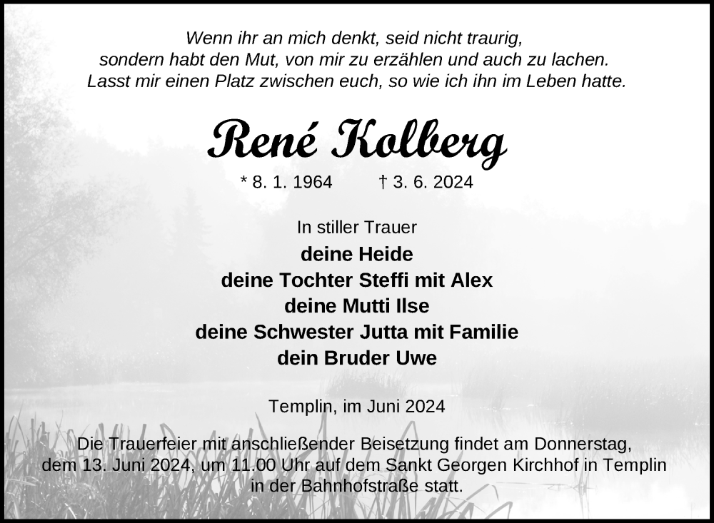  Traueranzeige für Rene Kolberg vom 11.06.2024 aus Uckermark Kurier Templiner Zeitung