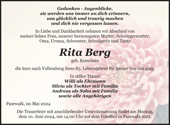 Traueranzeige von Rita Berg von Nordkurier Pasewalker Zeitung