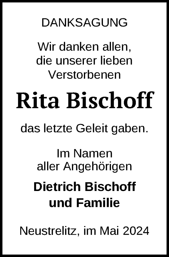 Traueranzeige von Rita Bischoff von Nordkurier Strelitzer Zeitung