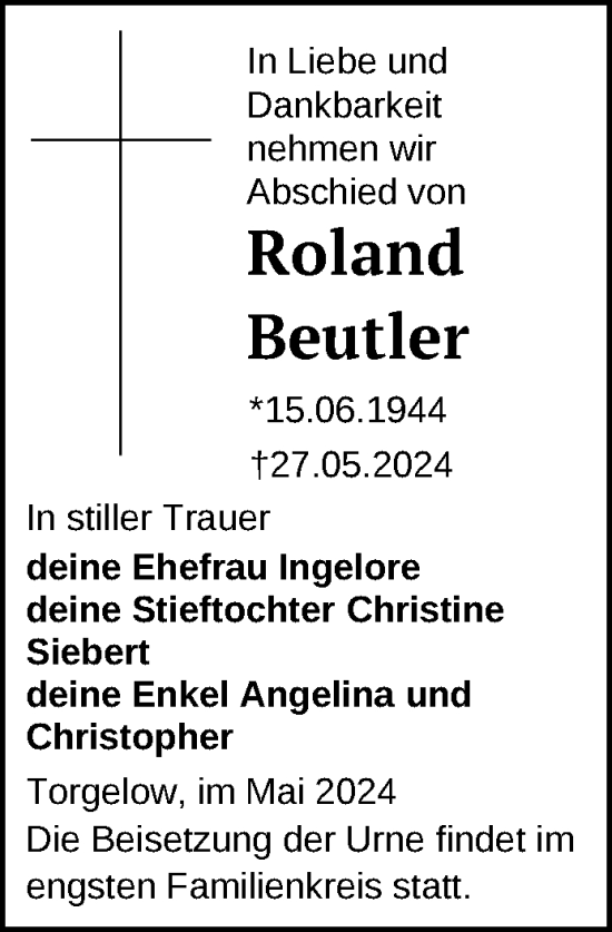 Traueranzeige von Roland Beutler von Nordkurier Haff-Zeitung