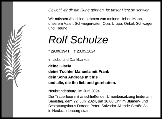 Traueranzeige von Rolf Schulze von Nordkurier Neubrandenburger Zeitung