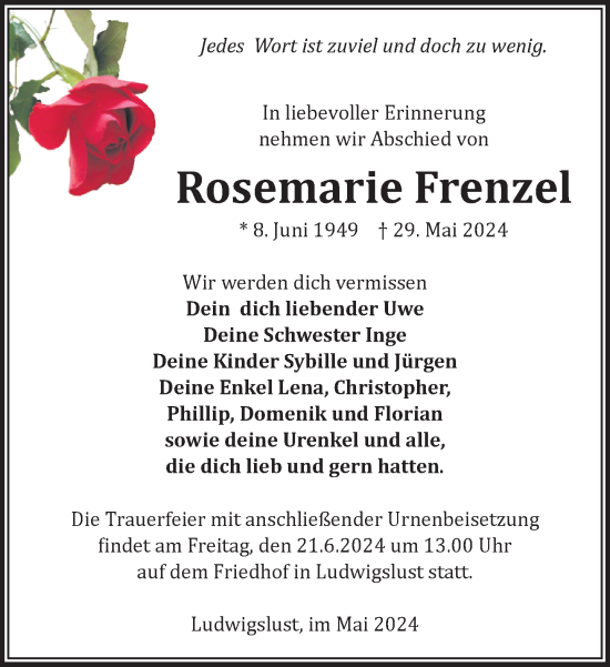 Traueranzeige von Rosemarie Frenzel von Ludwigsluster Tageblatt