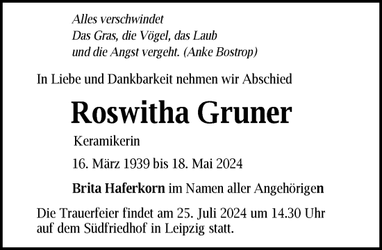 Traueranzeige von Roswitha Gruner 