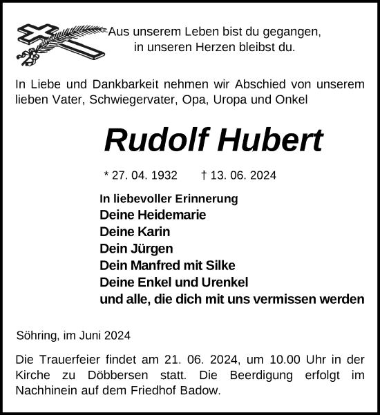 Traueranzeige von Rudolf Hubert von Gadebusch - Rehnaer Zeitung