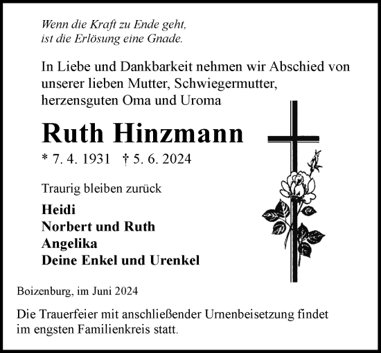 Traueranzeige von Ruth Hinzmann von Hagenower Kreisblatt