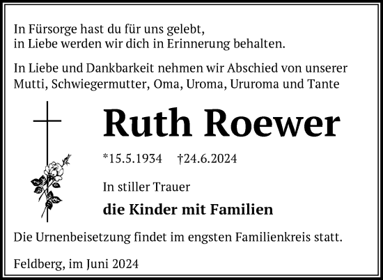 Traueranzeige von Ruth Roewer von Nordkurier Strelitzer Zeitung