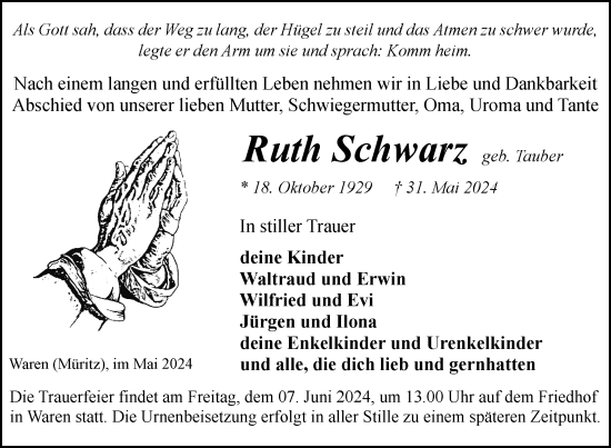 Traueranzeige von Ruth Schwarz von Nordkurier Müritz-Zeitung