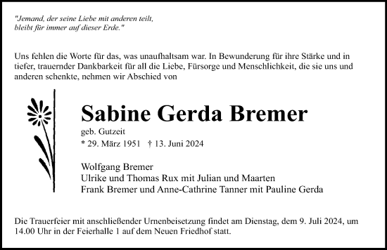 Traueranzeige von Sabine Gerda Bremer von Norddeutsche Neueste Nachrichten