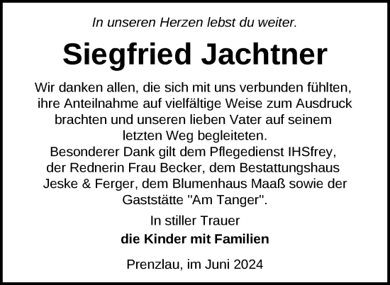 Traueranzeige von Siegfried Jachtner von Uckermark Kurier Prenzlauer Zeitung