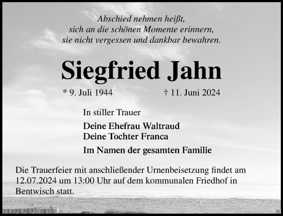 Traueranzeige von Siegfried Jahn von Norddeutsche Neueste Nachrichten