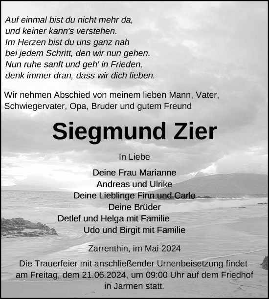 Traueranzeige von Siegmund Zier von Nordkurier Vorpommern Kurier