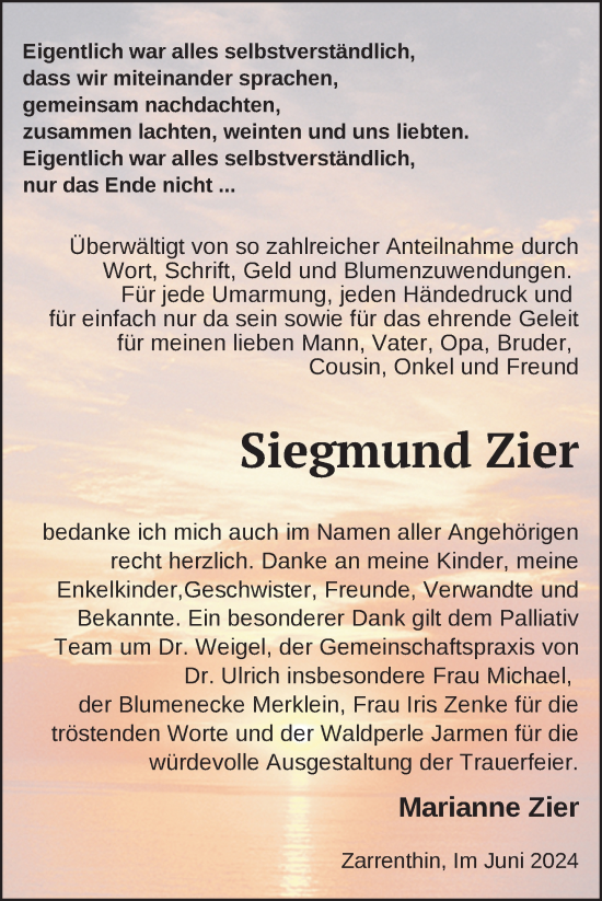 Traueranzeige von Siegmund Zier von Nordkurier Vorpommern Kurier