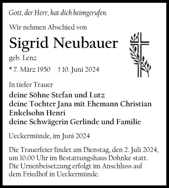 Traueranzeige von Sigrid Neubauer von Nordkurier Haff-Zeitung