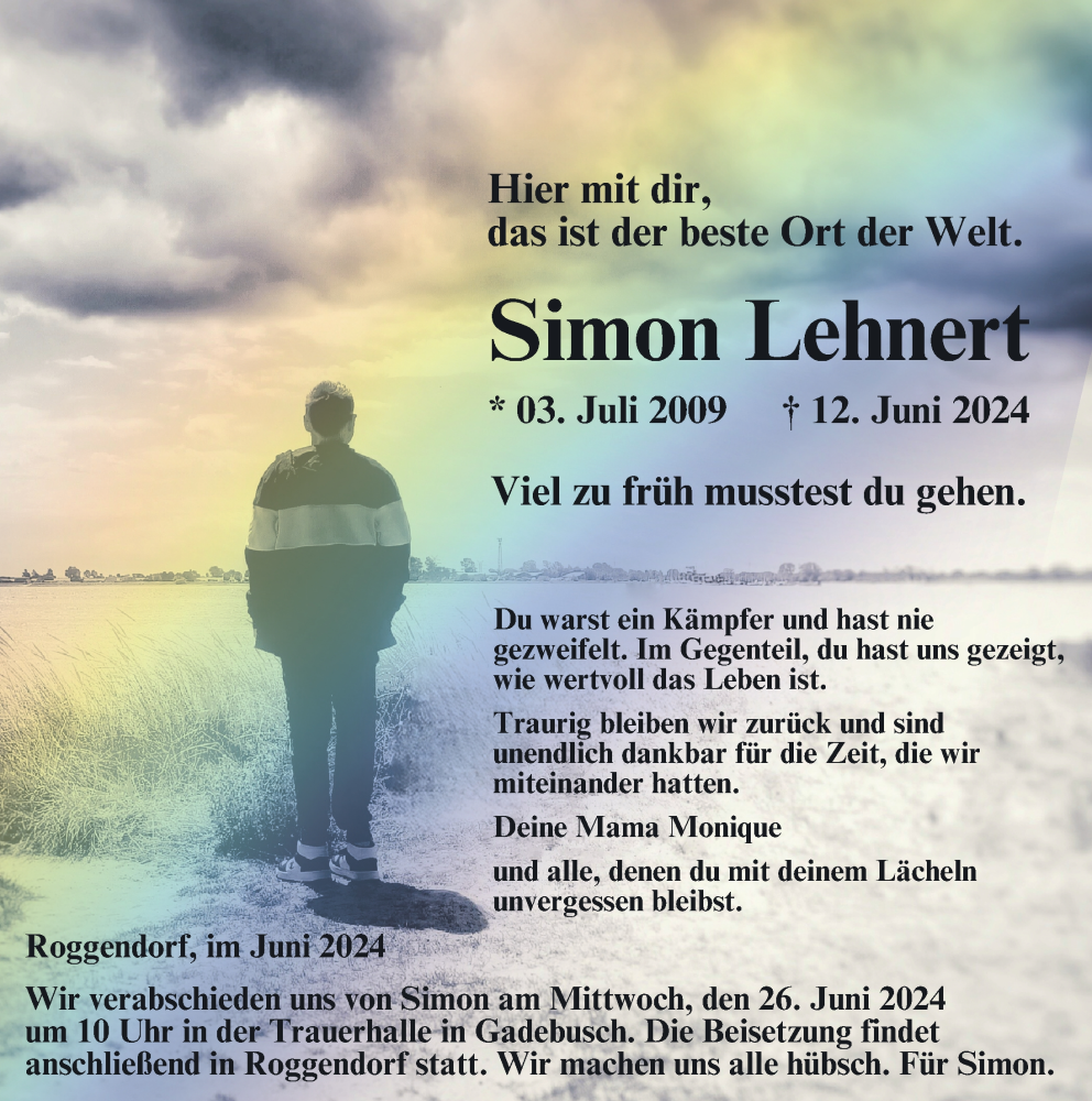  Traueranzeige für Simon Lehnert vom 22.06.2024 aus Gadebusch - Rehnaer Zeitung
