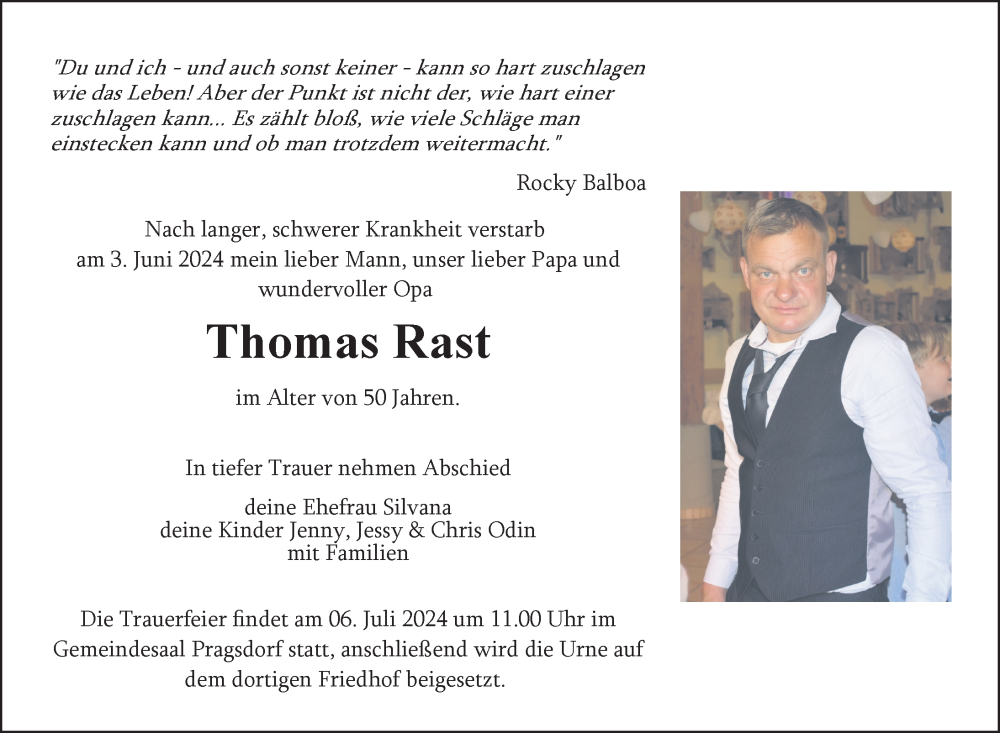  Traueranzeige für Thomas Rast vom 29.06.2024 aus Nordkurier Neubrandenburger Zeitung