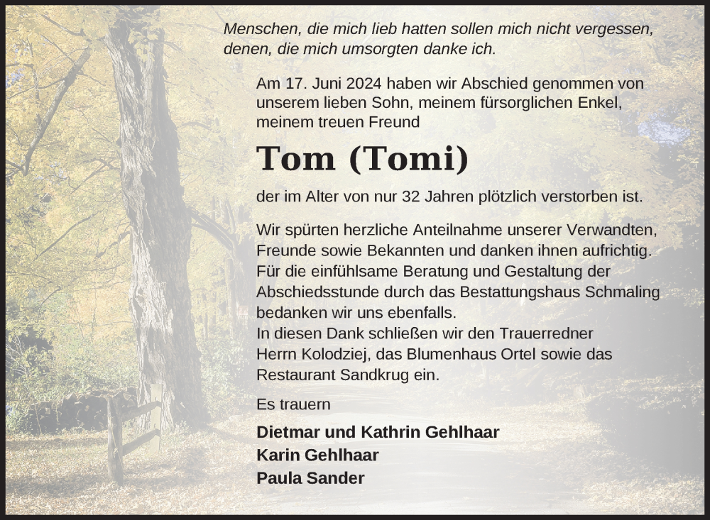  Traueranzeige für Tom  vom 22.06.2024 aus Nordkurier Neubrandenburger Zeitung