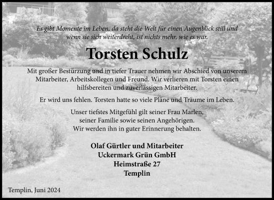 Traueranzeige von Torsten Schulz von Uckermark Kurier Templiner Zeitung