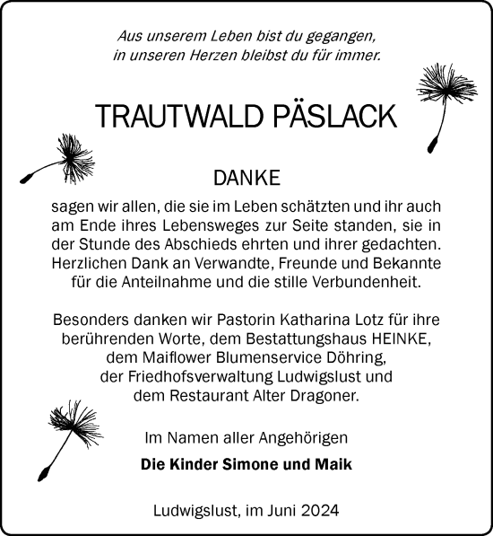 Traueranzeige von Trautwald Päslack von Ludwigsluster Tageblatt