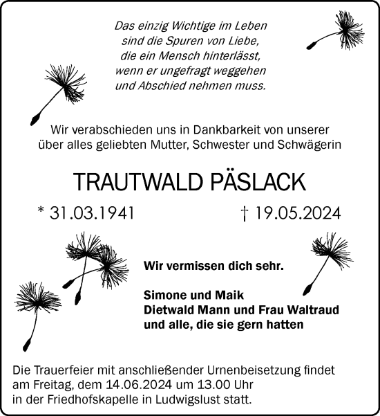 Traueranzeige von Trautwald Päslack von Ludwigsluster Tageblatt