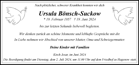 Traueranzeige von Ursula Bönsch-Suckow von Hagenower Kreisblatt