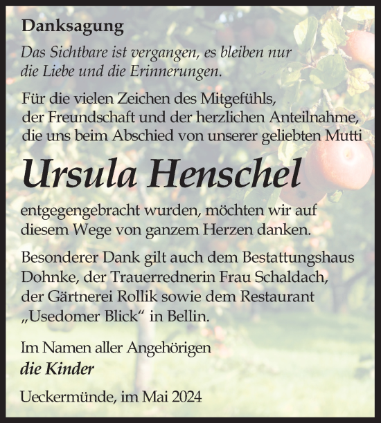Traueranzeige von Ursula Henschel von Nordkurier Haff-Zeitung