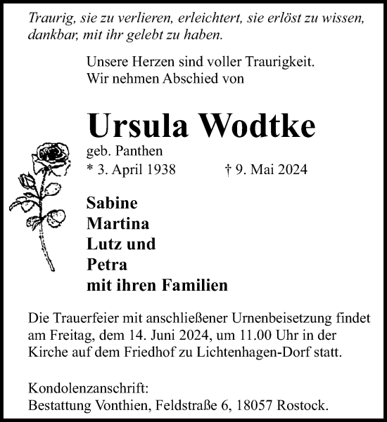 Traueranzeige von Ursula Wodtke 