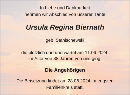 Traueranzeige von Ursula Regina Biernath von Nordkurier Neubrandenburger Zeitung