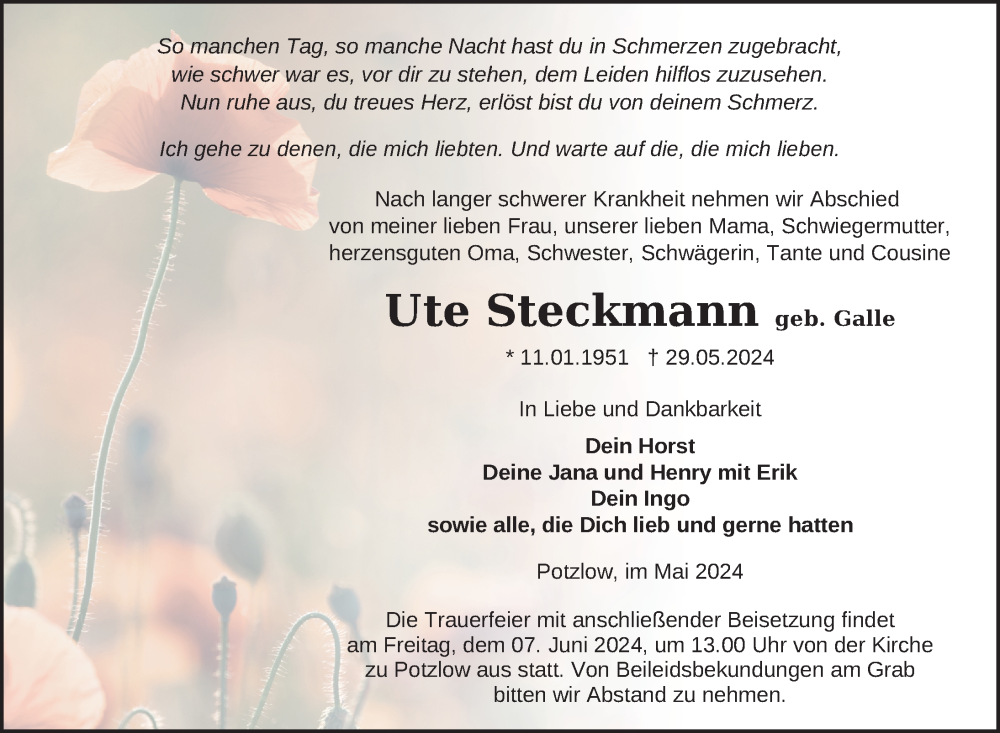  Traueranzeige für Ute Steckmann vom 01.06.2024 aus Uckermark Kurier Prenzlauer Zeitung