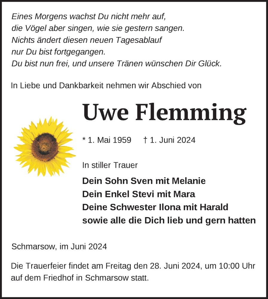  Traueranzeige für Uwe Flemming vom 07.06.2024 aus Nordkurier Neubrandenburger Zeitung