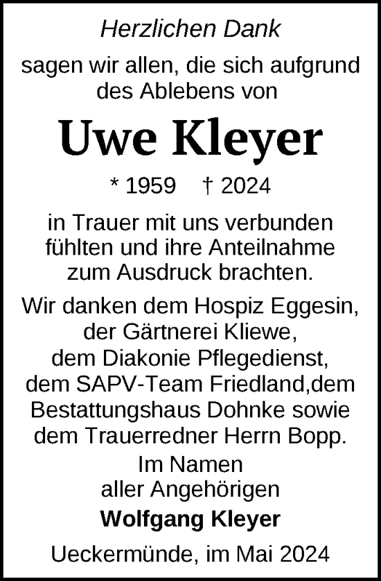 Traueranzeige von Uwe Kleyer von Nordkurier Haff-Zeitung