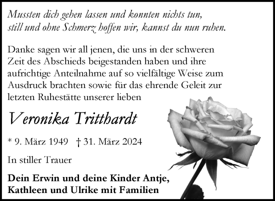 Traueranzeige von Veronika Tritthardt von Nordkurier Müritz-Zeitung