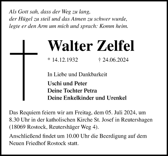 Traueranzeige von Walter Zelfel von Norddeutsche Neueste Nachrichten