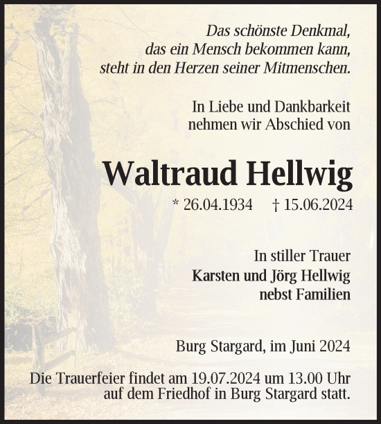 Traueranzeige von Waltraud Hellwig von Nordkurier Neubrandenburger Zeitung