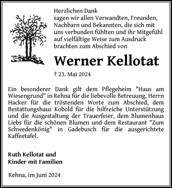 Traueranzeige von Werner Kellotat von Gadebusch - Rehnaer Zeitung