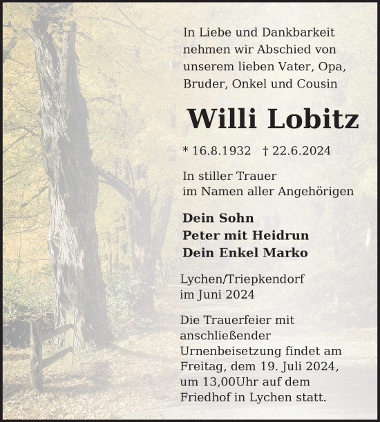 Traueranzeige von Willi Lobitz von Nordkurier Strelitzer Zeitung