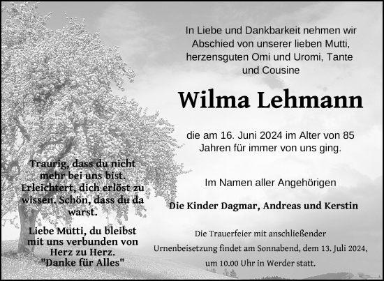 Traueranzeige von Wilma Lehmann von Nordkurier Neubrandenburger Zeitung