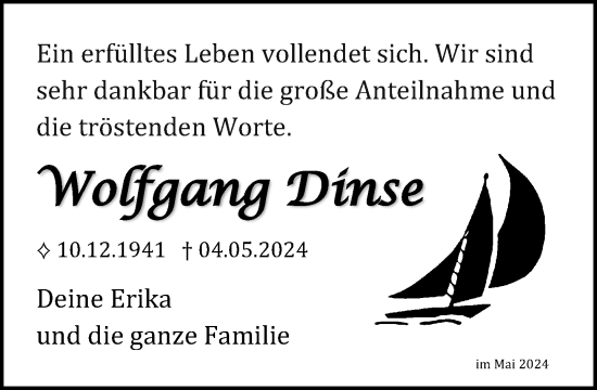 Traueranzeige von Wolfgang Dinse 