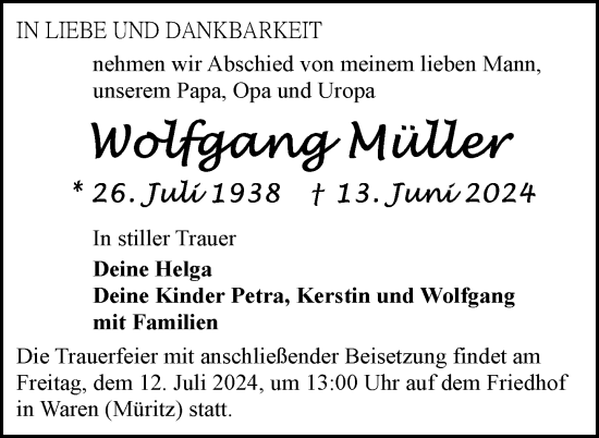 Traueranzeige von Wolfgang Müller von Nordkurier Müritz-Zeitung