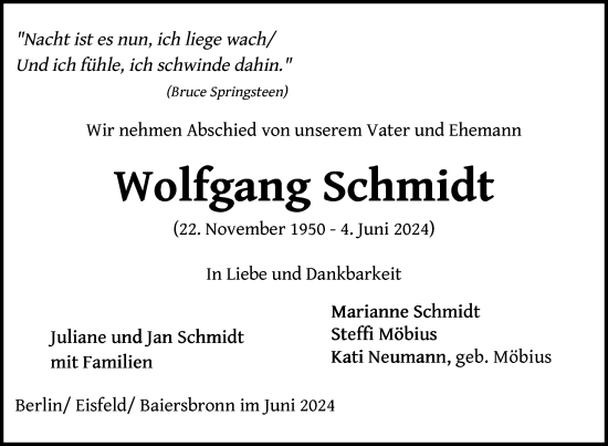 Traueranzeige von Wolfgang Schmidt von Uckermark Kurier Prenzlauer Zeitung