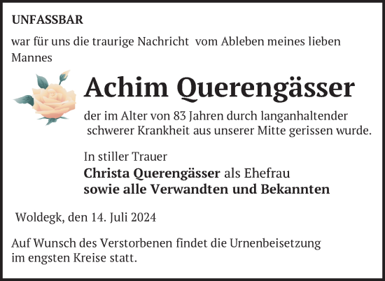 Traueranzeige von Achim Querengässer von Nordkurier Strelitzer Zeitung